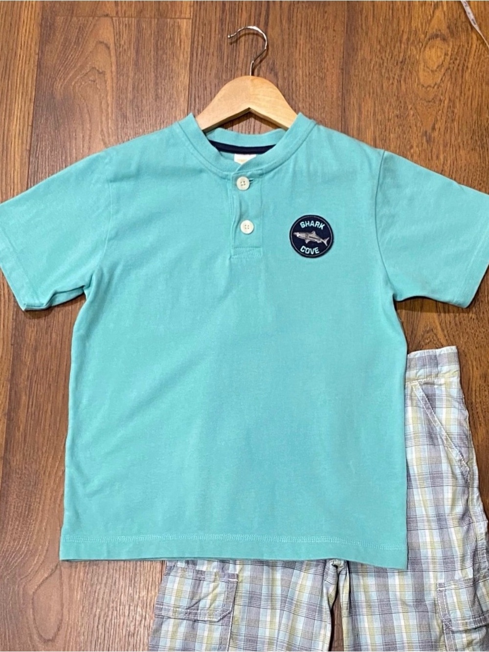 Gymboree Boys’ “Shark Patrol” Aqua Shark Cove Patch Henley Tee Size 8